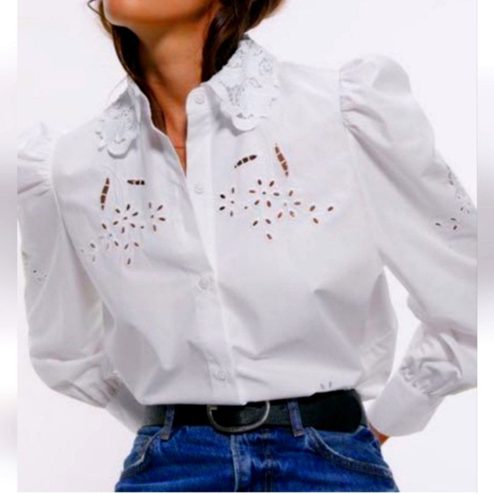 Zara White Puff Sleeve Button Down Blouse